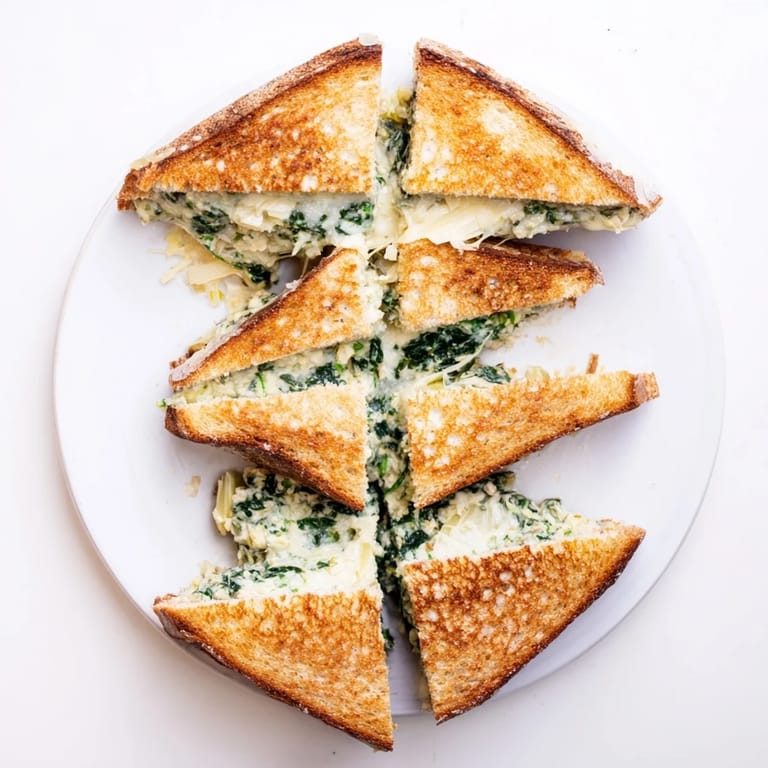 Artichoke Spinach Grilled Cheese sandwich sliced in half, revealing melted cheese and vibrant green filling.  