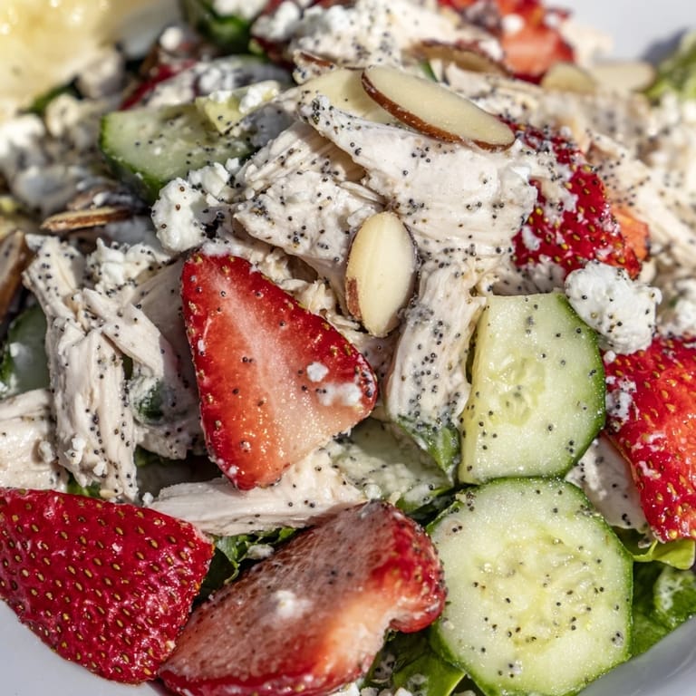 Colorful bowl of Strawberry Poppy Seed Chicken Salad featuring red onion, cucumber, strawberries, and creamy poppy seed dressing, served as a light main dish.