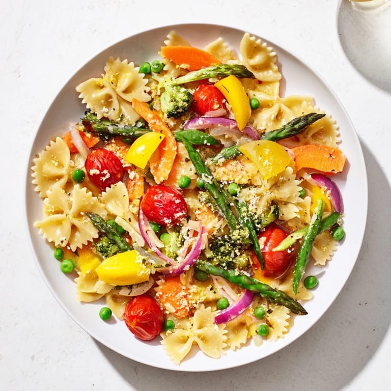 A close-up of steaming Rainbow Veggie Pasta Primavera, tossed with crisp asparagus, bell peppers, and a light garlic olive oil sauce.
