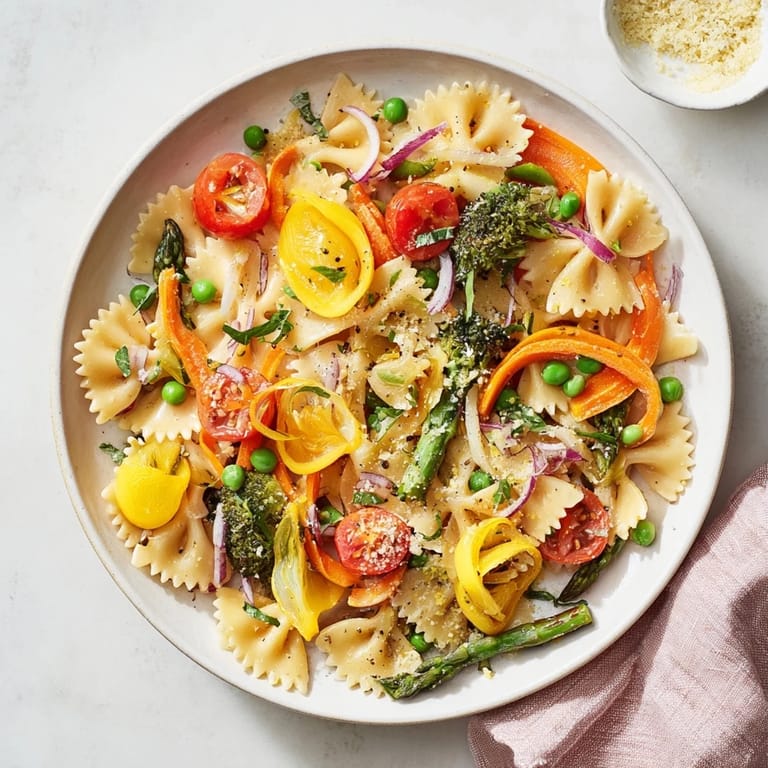 Serving suggestion for Rainbow Veggie Pasta Primavera, garnished with Parmesan and fresh basil, perfect for a healthy Italian-American dinner.