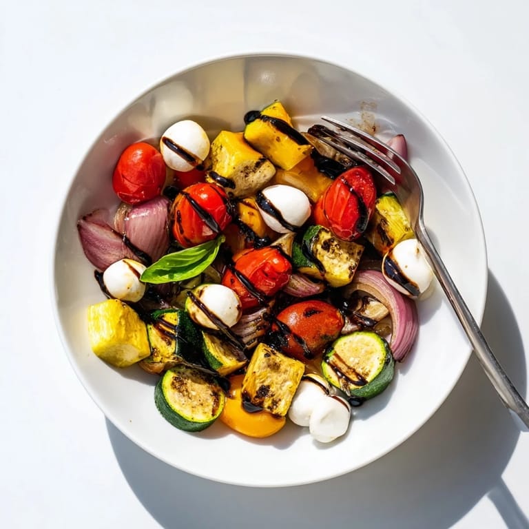 Warm, caramelized vegetables and creamy mozzarella pearls create a colorful, vegetarian Roasted Veggie Caprese Salad served with a sweet-tangy balsamic drizzle.