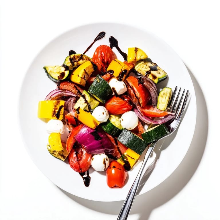 A platter of golden roasted veggies, mozzarella pearls, and torn basil leaves showcases the fresh flavors of Roasted Veggie Caprese Salad.