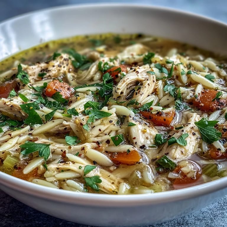 In a rustic pot, a spoon lifts a serving of Lemon Pepper Chicken Orzo Soup, revealing a rich golden broth with vegetables and herbs.