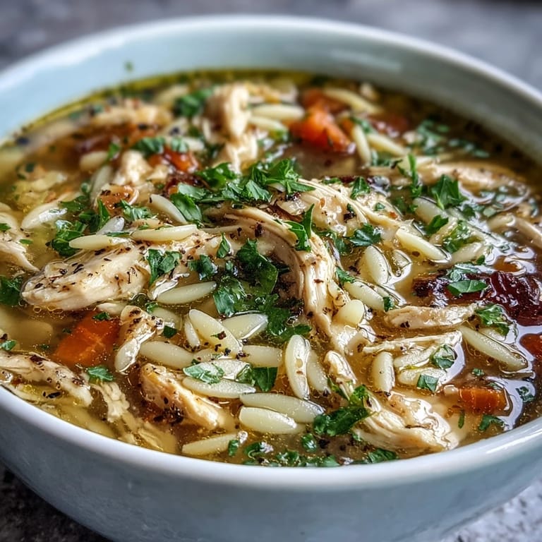 Lemon Pepper Chicken Orzo Soup is garnished with fresh parsley and a sprinkle of black pepper, ready for a cozy, comforting meal.