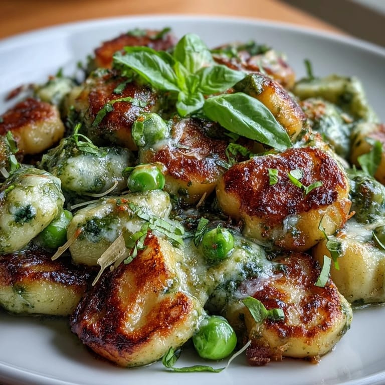 Delectable Pesto Pea Gnocchi Skillet served hot with melted Parmesan cheese.