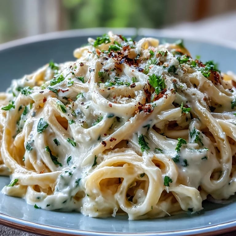 Steaming bowl of Easy Creamy Cauliflower Alfredo with tender pasta coated in a silky cauliflower sauce.