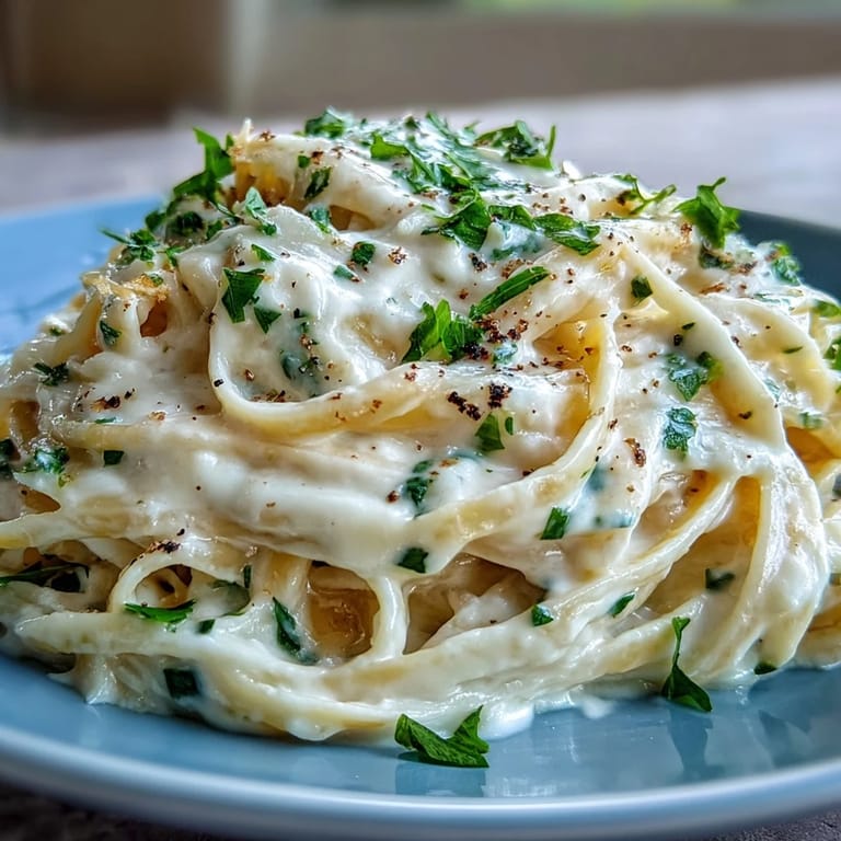 Easy Creamy Cauliflower Alfredo plated with a fork and fresh parsley, perfect for a light vegetarian dinner.