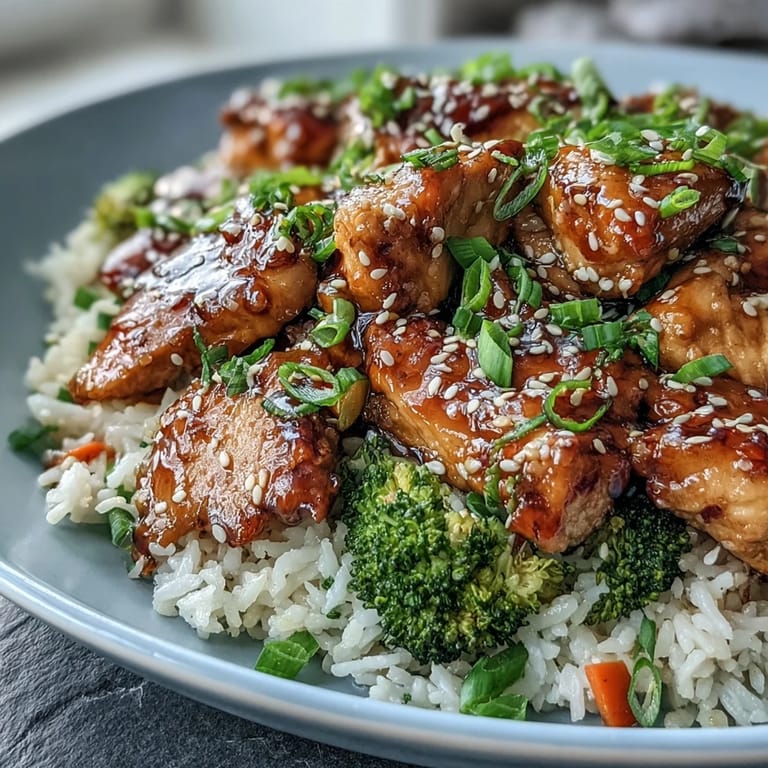 Savory One Pan Honey Garlic Chicken Broccoli Rice served in a skillet, garnished with green onions and sesame seeds, perfect for busy weeknight dinners.