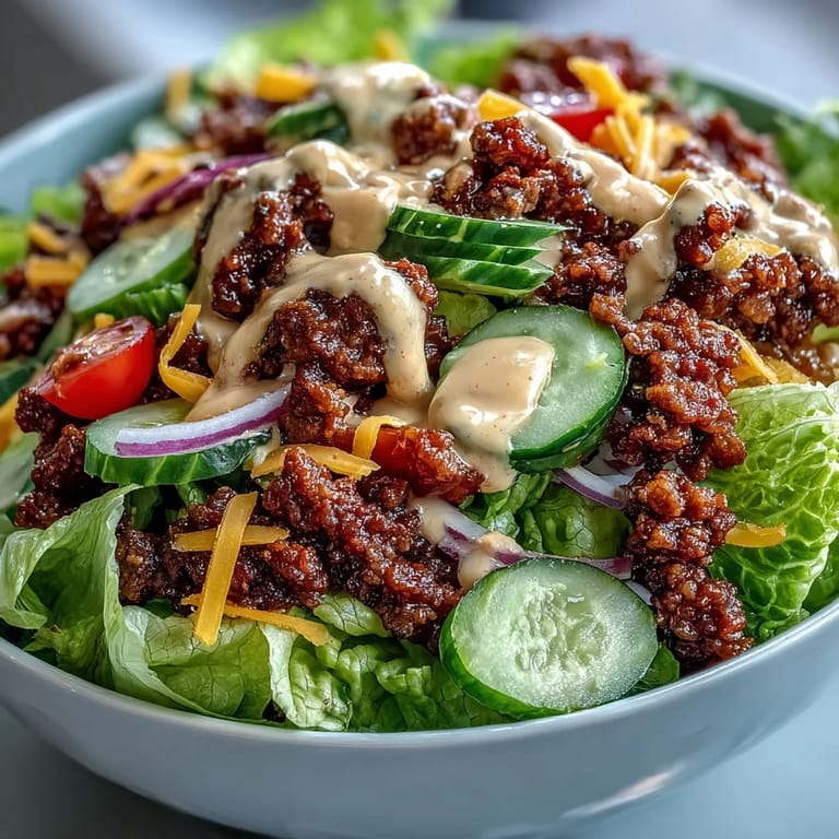 This Easy Big Mac in a Bowl shows melted cheddar and special sauce drizzled over fresh vegetables.
