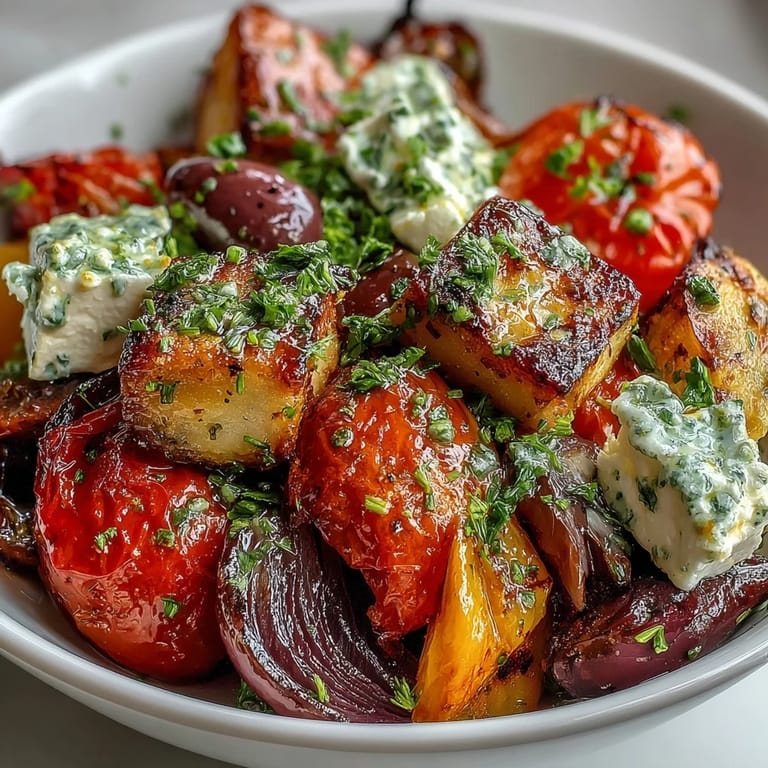 Overhead view of Roasted Greek Salad reveals colorful roasted veggies like zucchini and eggplant tossed with cucumbers and olives, topped with feta, making a gluten-free dish ready for summer potlucks.