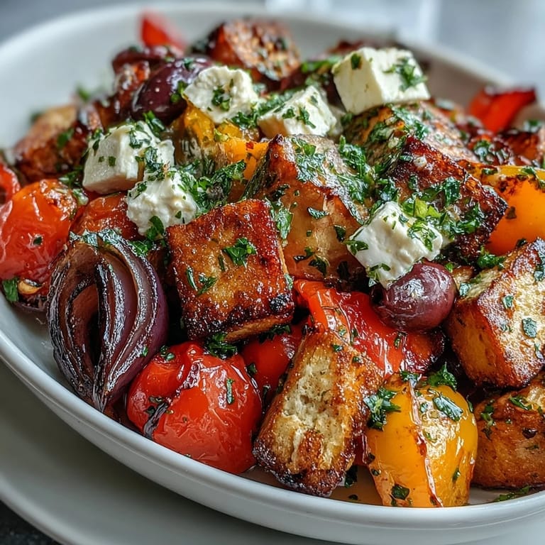 Served on a white platter, the Roasted Greek Salad showcases roasted vegetables mingling with crumbled feta cheese, Kalamata olives, and fresh parsley, perfect for a vibrant weeknight vegetarian dinner.