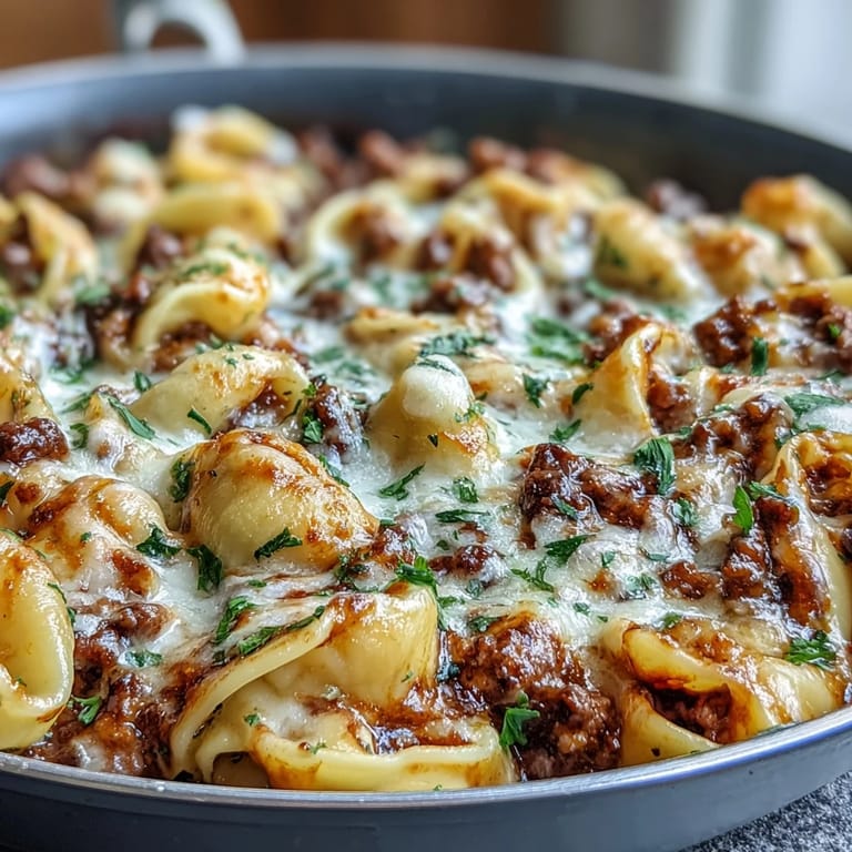 Close-up of One Pot Creamy Beef and Shells topped with fresh parsley, served alongside a green salad.
