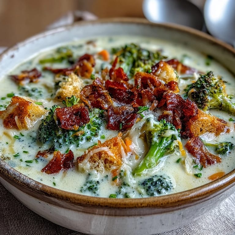 Chicken Broccoli Cheddar Soup simmering in a pot, featuring vibrant green broccoli, diced chicken, and a rich, cheesy broth base.