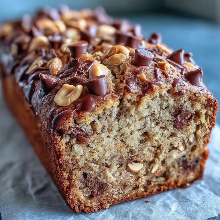 A close-up of a warm slice of Chocolate Chip Peanut Butter Oatmeal Banana Bread revealing oats, melty chocolate, and peanut butter swirls.