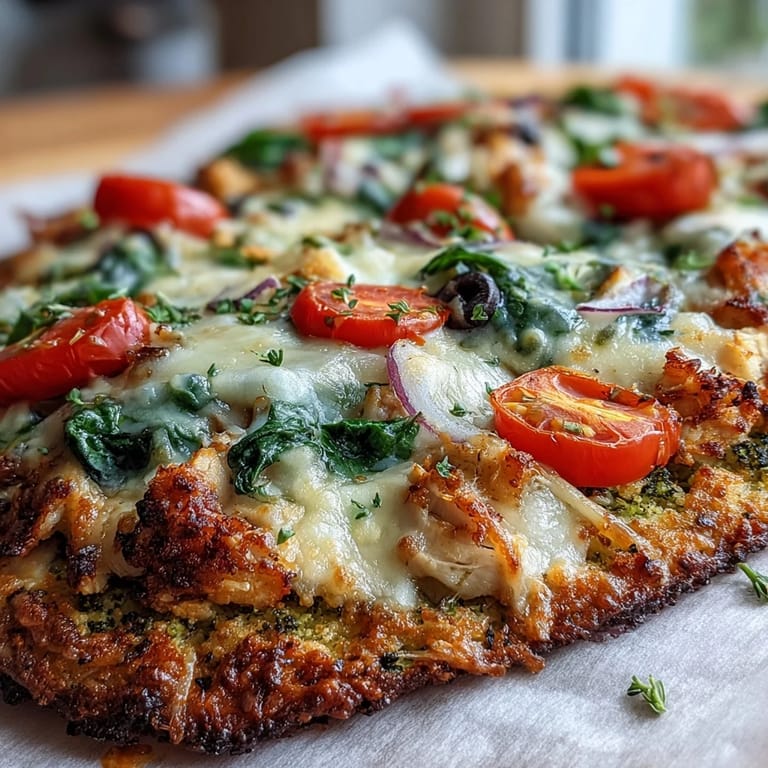 A slice of Broccoli Chicken Crust Pizza being lifted with a spatula, revealing a sturdy, veggie-packed crust and gooey cheese layered with sliced black olives and red onion.