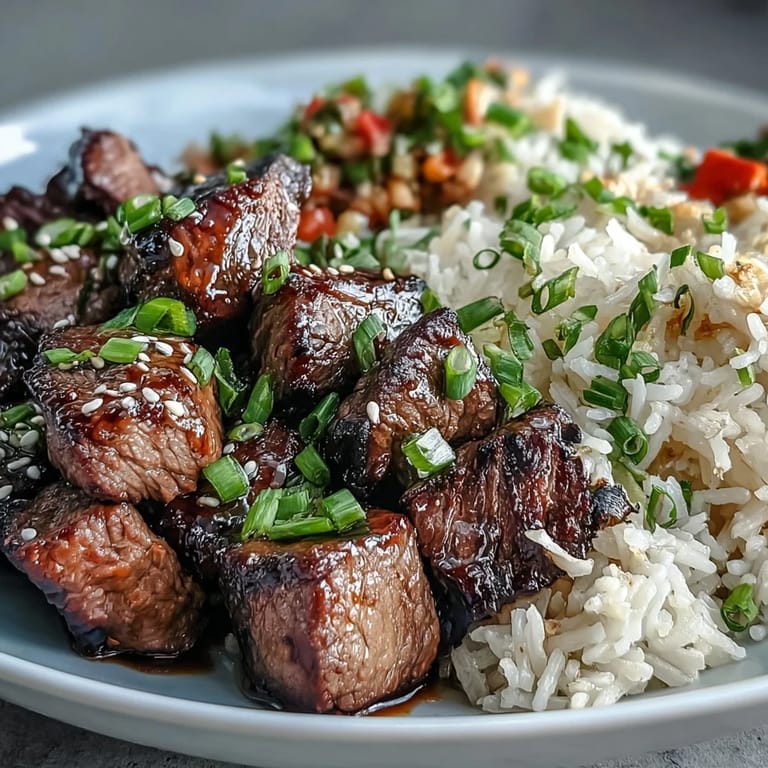 A close-up of Easy Hibachi Steak With Fried Rice, showing golden-brown steak, peas, and green onions garnished with sesame seeds on a plate.