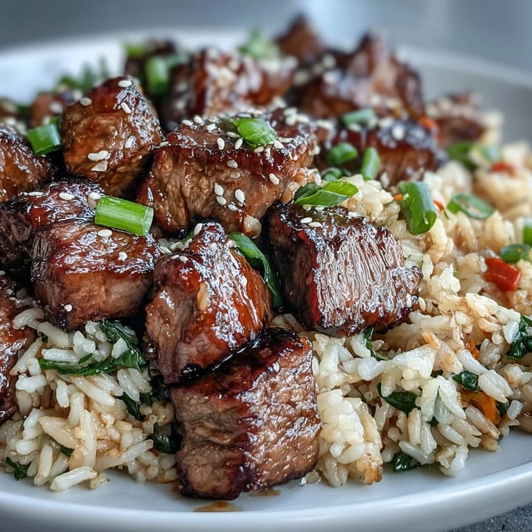 Steaming Easy Hibachi Steak With Fried Rice in a skillet, with scrambled eggs, diced carrots, and zucchini for a quick weeknight dinner.