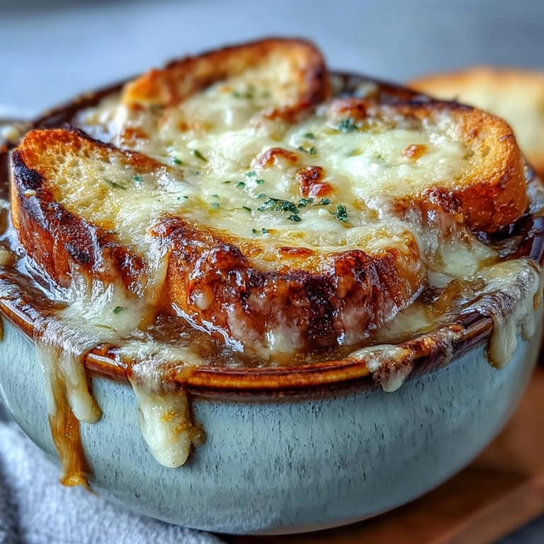 Spoon-ready French Onion Soup served in a rustic bowl with melted cheese. 