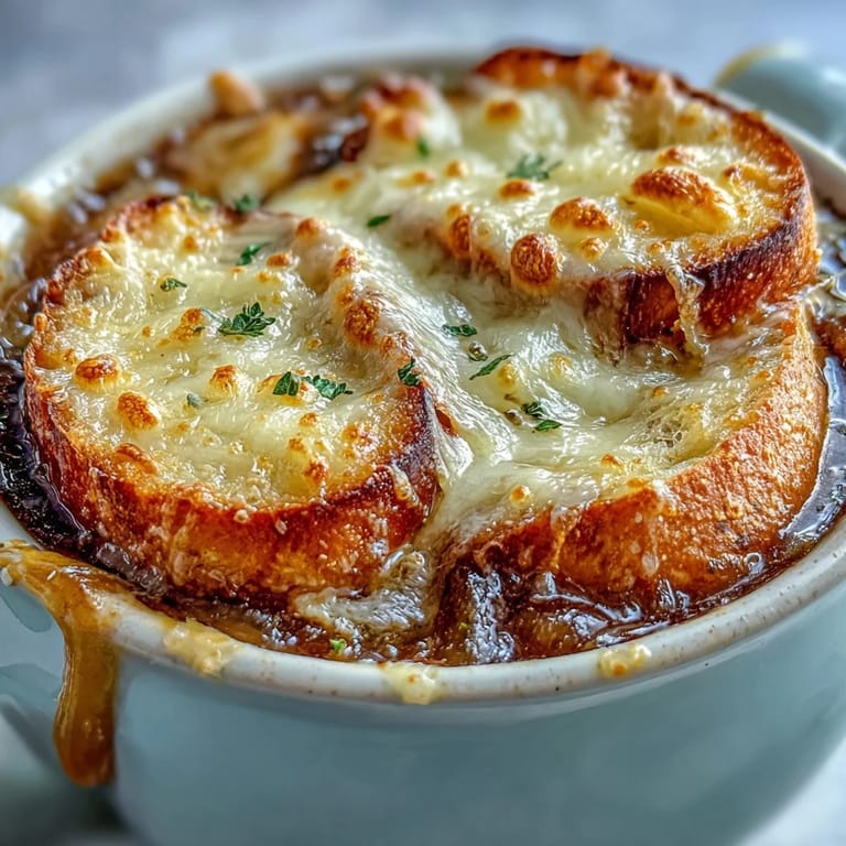 Homemade French Onion Soup with deep brown broth, thyme, and crunchy bread topping.