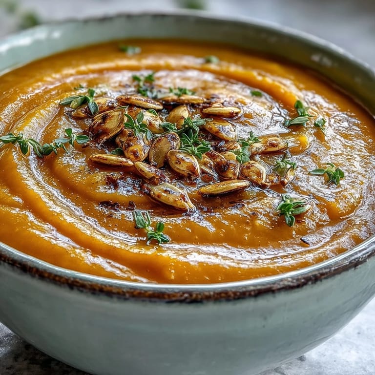 Roasted butternut squash soup steaming gently in a white bowl, drizzled with maple syrup beside a slice of crusty bread.