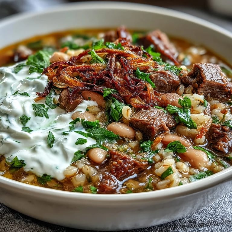 This hearty Persian-inspired Beef Barley Soup features tender beef, lentils, and crisp mint-fried onions.