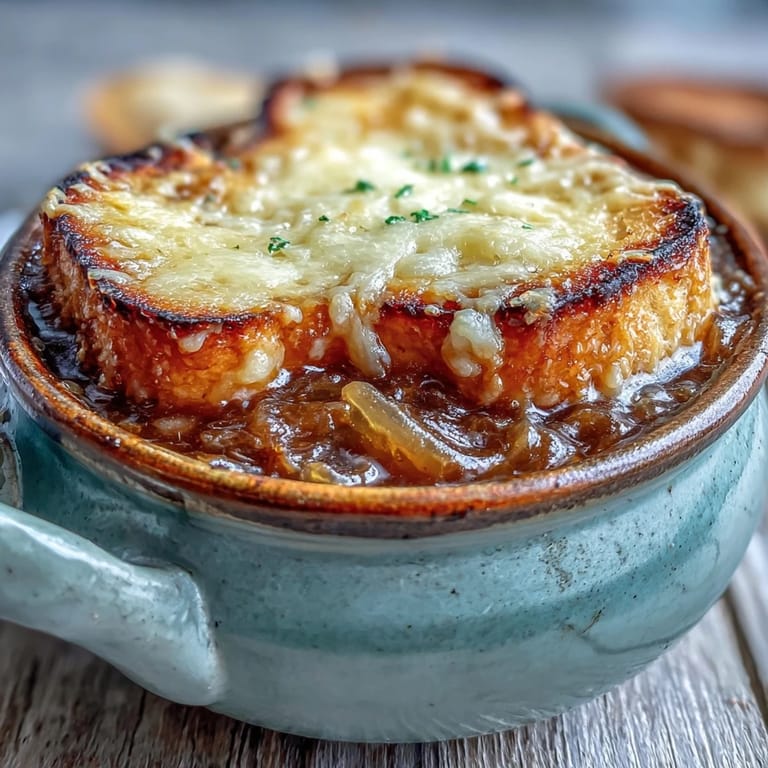 Classic French onion soup features deeply caramelized onions in a rich broth, topped with savory bread and golden, melted Gruyère cheese.