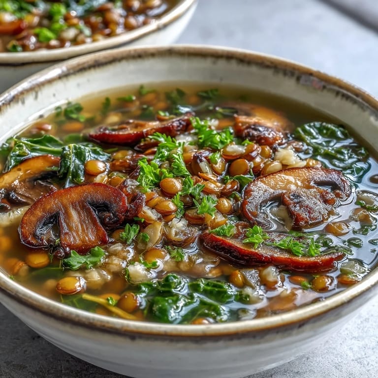 Freshly garnished Double Lentil and Mushroom Barley Soup in a cozy bowl next to bread.