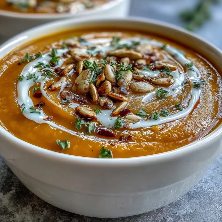 Velvety bowl of Roasted Butternut Squash Soup topped with thyme, ideal for cozy fall dinners.