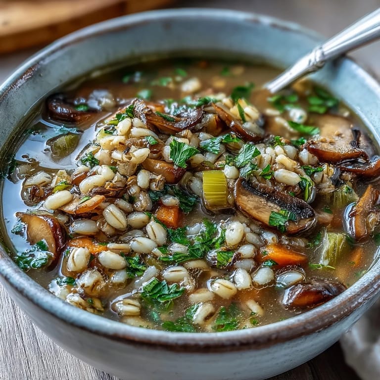 Homemade Mushroom Barley Soup topped with fresh parsley in a rustic ceramic bowl, showing tender barley and sautéed mushrooms.