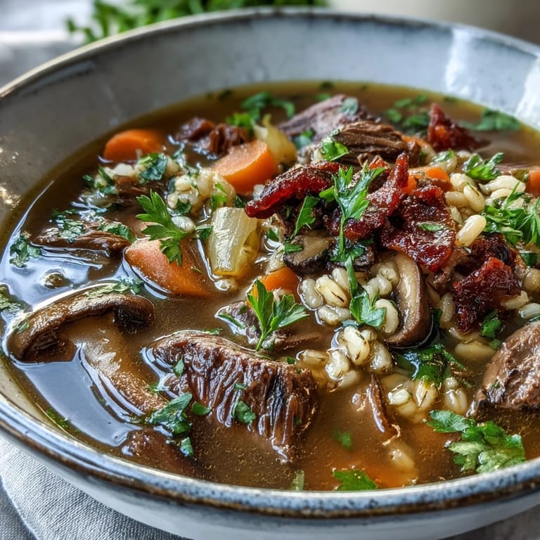 Close-up of Beef and Barley Soup with Mushrooms, featuring tender beef chunks and earthy baby bellas.