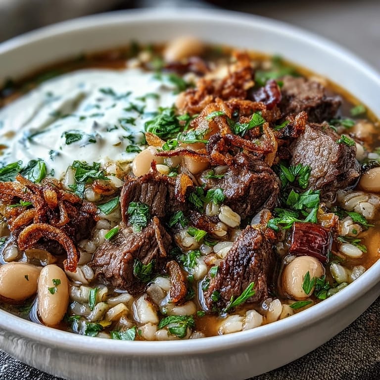 Ladle of Beef Barley Soup served with crusty bread, mint-fried onions, and fresh cilantro garnish.