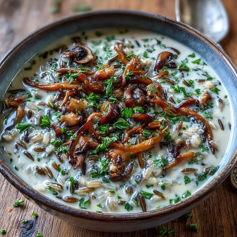 Earthy Wild Rice Mushroom Soup ladled into a white ceramic bowl beside crusty bread and fresh herbs.