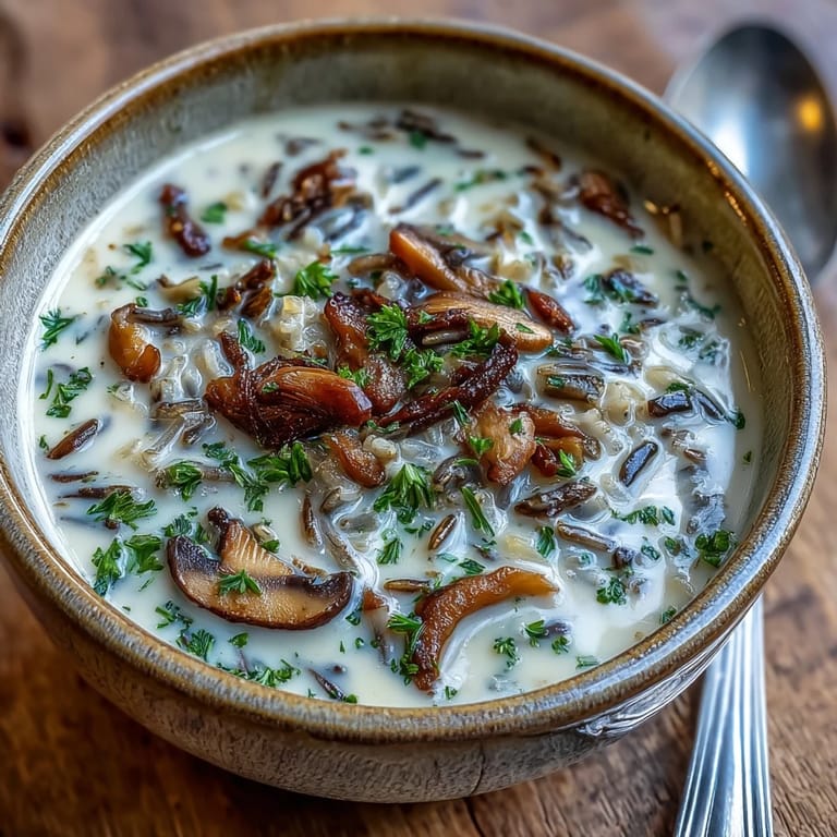 A spoon lifting a creamy serving of Wild Rice Mushroom Soup with tender mushrooms and wild rice.