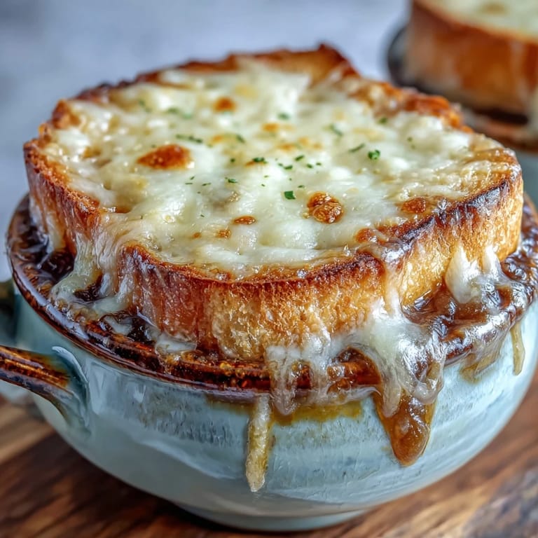 A rustic ceramic bowl holds steaming classic French onion soup with a thick, toasted baguette slice and bubbly, melted cheese topping.