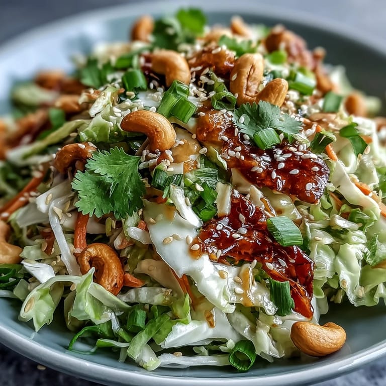 Bowl of vibrant Asian Cabbage Salad topped with toasted sesame seeds and chopped cashews, ready to serve.