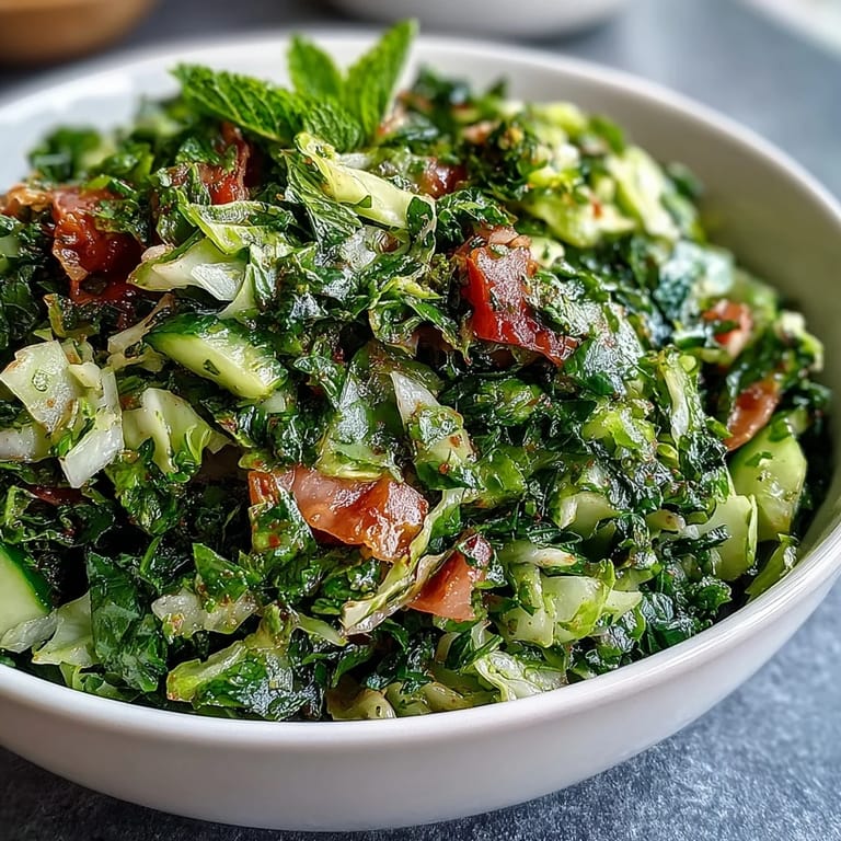 Bright, crisp Lebanese Cabbage Salad garnished with fresh parsley and mint, served alongside grilled chicken.