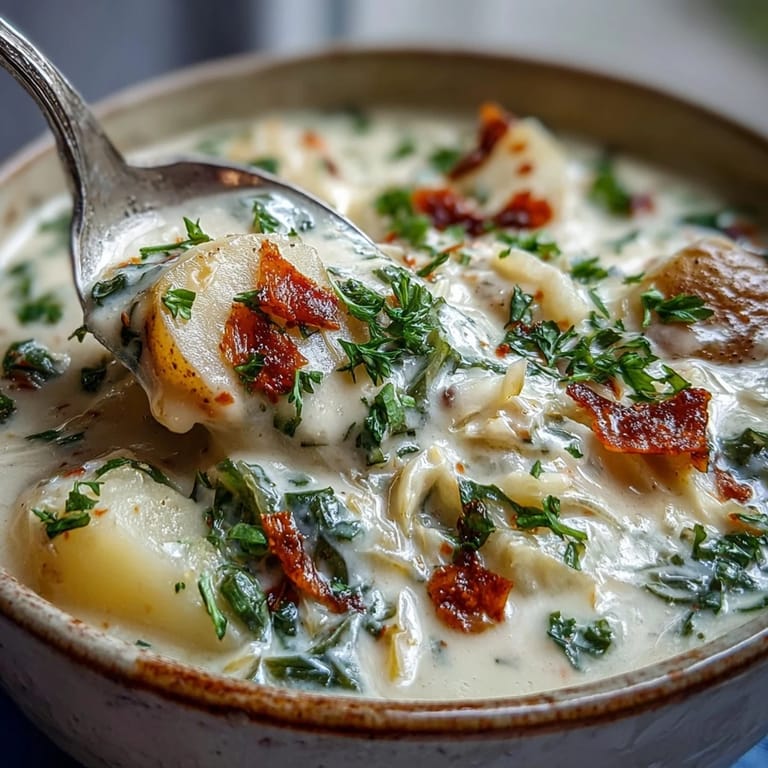 A cozy bowl of Creamy Potato Soup with Cabbage topped with chopped parsley, ready to enjoy with a glass of white wine on the side.