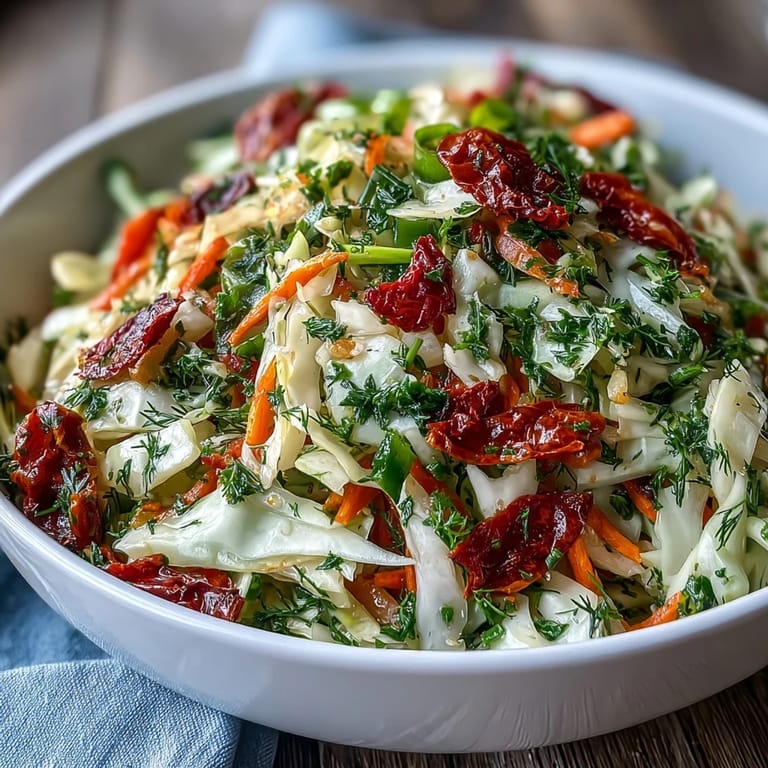Colorful healthy bowl of cabbage salad with sun-dried tomatoes, crunchy carrots, and a drizzle of herby dressing.