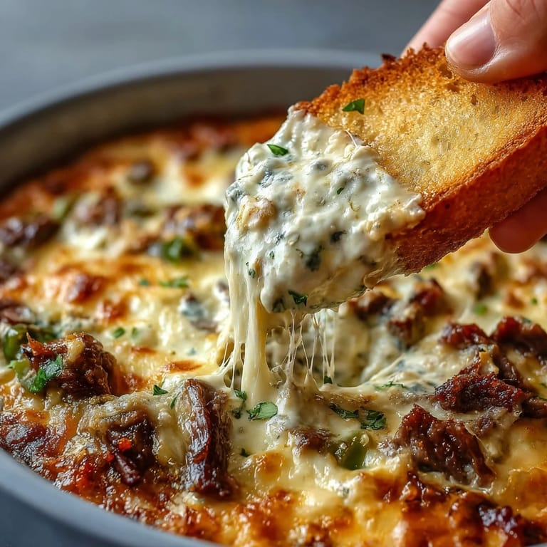 Hot, creamy Philly Cheesesteak Dip served from a baking dish with baguette slices.