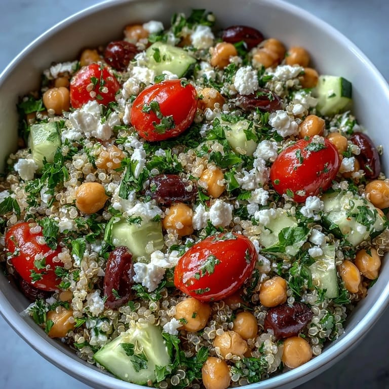 The protein-packed quinoa and chickpea salad is garnished with fresh herbs and lemon.