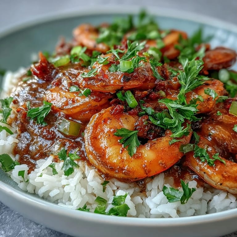 Garnished with vibrant green parsley and sliced scallions, this Classic New Orleans Étouffée is served over steaming white rice, ready for a delicious Cajun-inspired dinner.