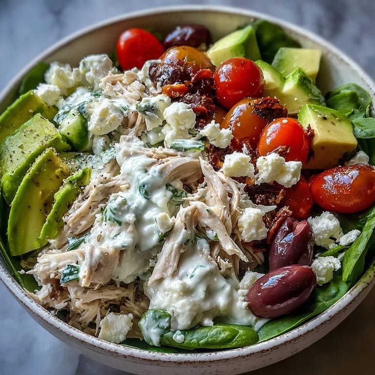 Easy meal-prep Tzatziki Chicken Salad in a bowl with creamy avocado, diced red onion, and Greek yogurt, garnished with fresh herbs.