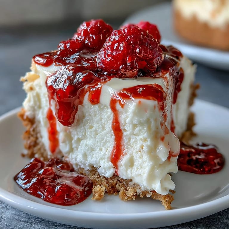 Slice of Indulgent White Chocolate Raspberry Cheesecake Bliss being lifted with a fork, showing the luscious, tangy raspberry swirl and smooth white chocolate filling.