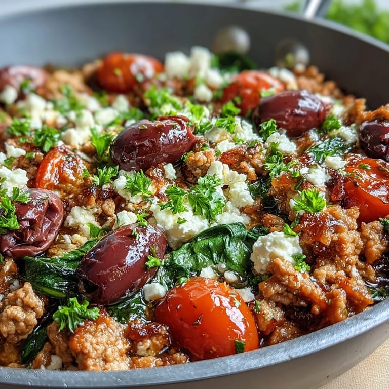 Golden-brown Mediterranean Keto Ground Chicken Skillet garnished with fresh parsley, crumbled feta, and a bright lemon wedge, ready for a low-carb dinner.