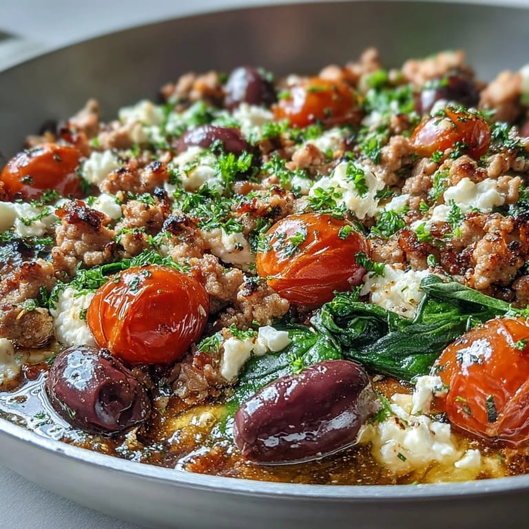 Sizzling Mediterranean Keto Ground Chicken Skillet features wilted spinach, briny olives, and creamy feta cheese, capturing the rich aroma of this easy one-pan meal.