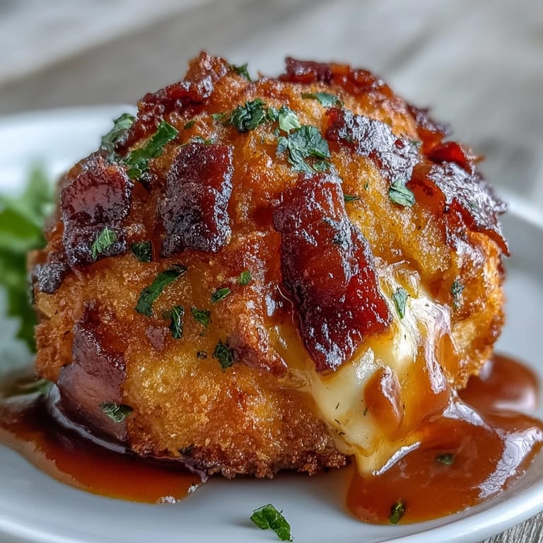 Buffalo Chicken Bacon Mozzarella Bombs with crispy coating, drizzled in buffalo sauce and bacon crumbles.