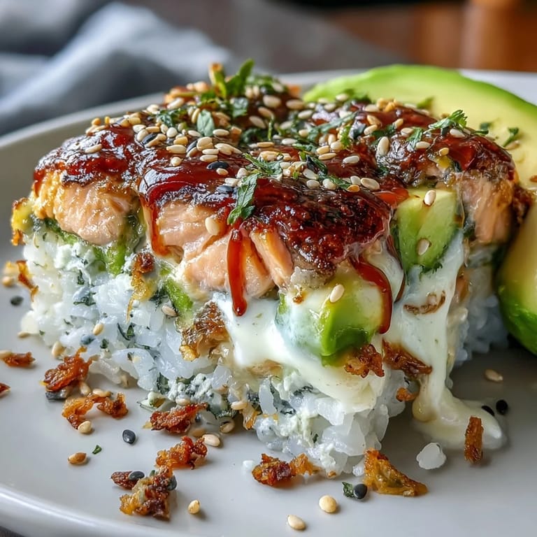 Close-up view of delicious Spicy Salmon Sushi Bake garnished with sesame seeds, drizzled with sriracha mayo, and melted cheese.