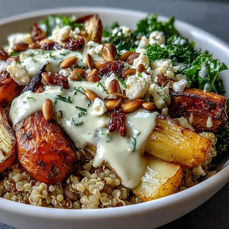 Plated Hearty Winter Grain Bowl garnished with feta and parsley, steaming warmly beside a fork, perfect for a cozy vegetarian dinner.