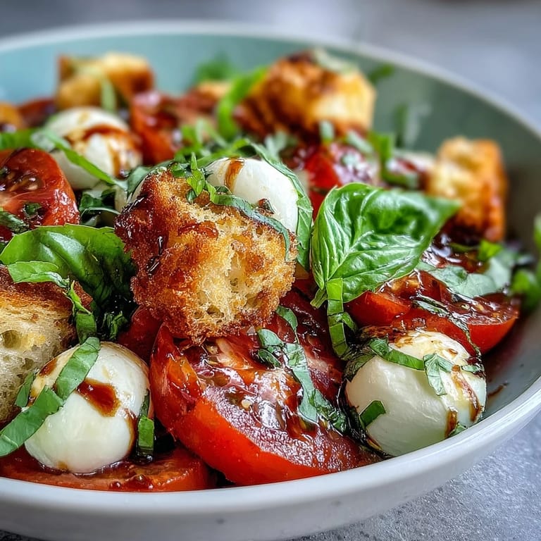 Crispy toasted bread cubes scattered over a vibrant Caprese Salad Bowl, featuring creamy mozzarella and fresh basil leaves.