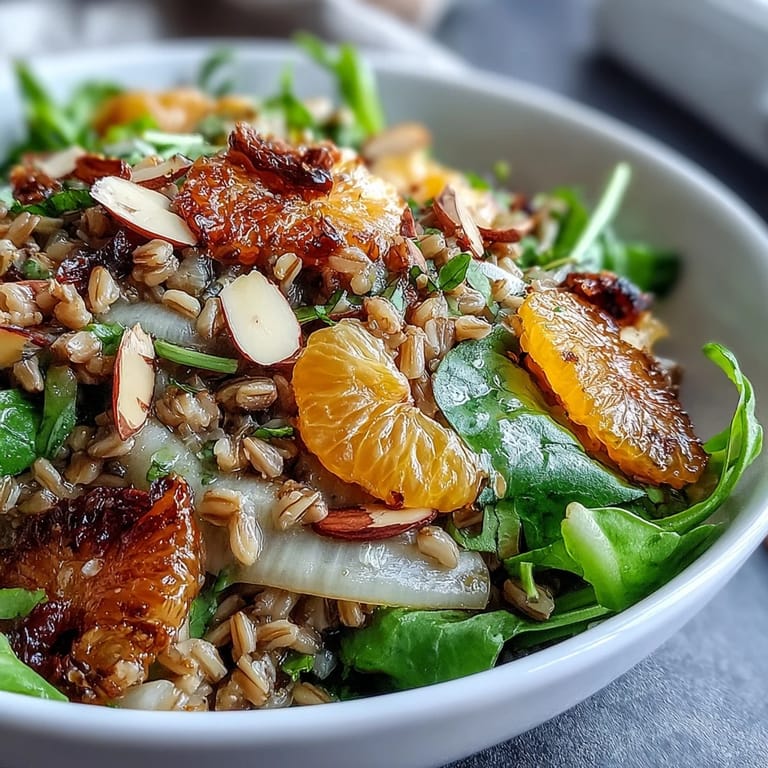 A vibrant Farro Salad Bowl with Fennel, Oranges & Almonds tossed with a light vinaigrette, showing juicy citrus and crisp greens.